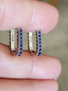 New 925 Silver Blue Sapphire Rectangle Shaped Hoop Earrings for Women